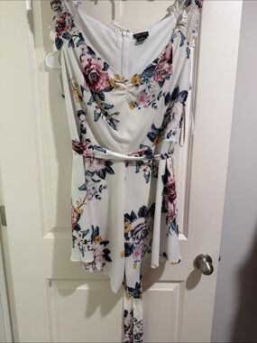 City Chic White Floral V-Neck Romper with Pink, Yellow & Navy Blooms